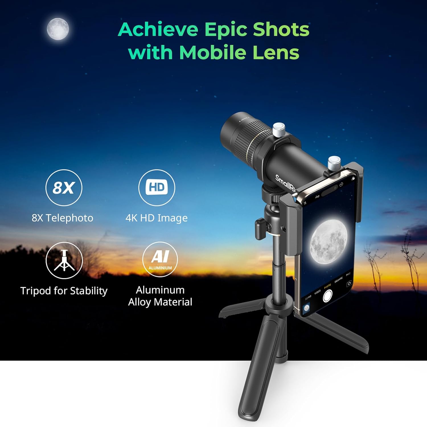 SmallRig 8X Telephoto Lens for Mobile Phone (T-Mount), w Tripod + Aluminium 8X Optical Zoom HD Telephoto Lens + Lens Clamp + Tripod Adapter + Lens Caps + Storage Bag, Support Hand-held Spot Shooting - Image 2